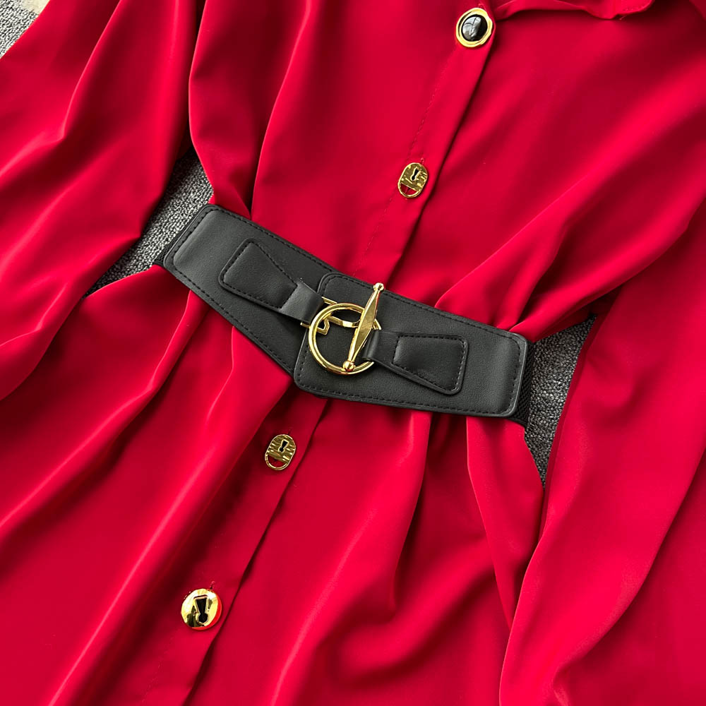 Solid Color Lace-up Shirt Dress with Waistbelt