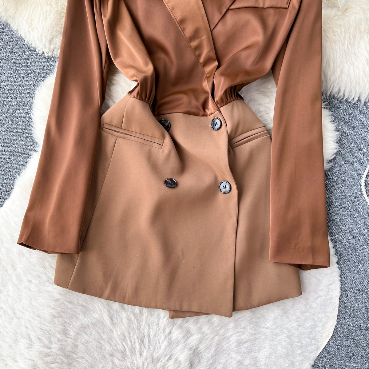 Double-breasted Waist-slimming PU Suit Dress
