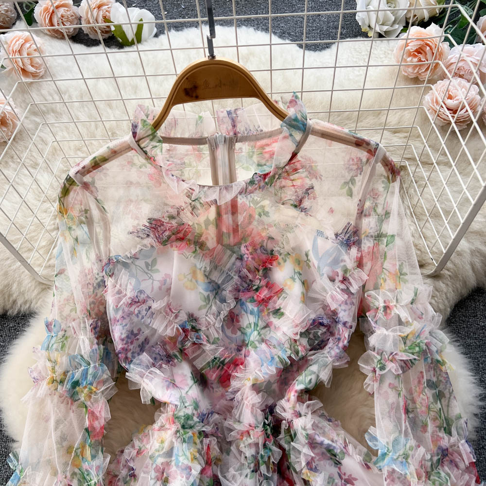 Floral Printed Hollowed Mesh Dress