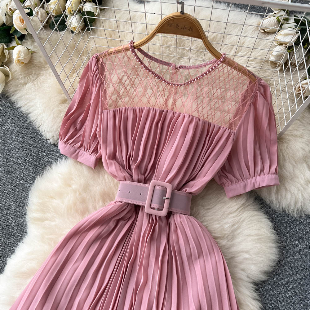 High Waist Tied Chiffon Pleated Dress
