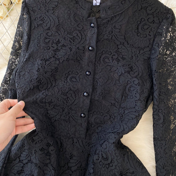 Stand Collar Black Lace Shirt Dress