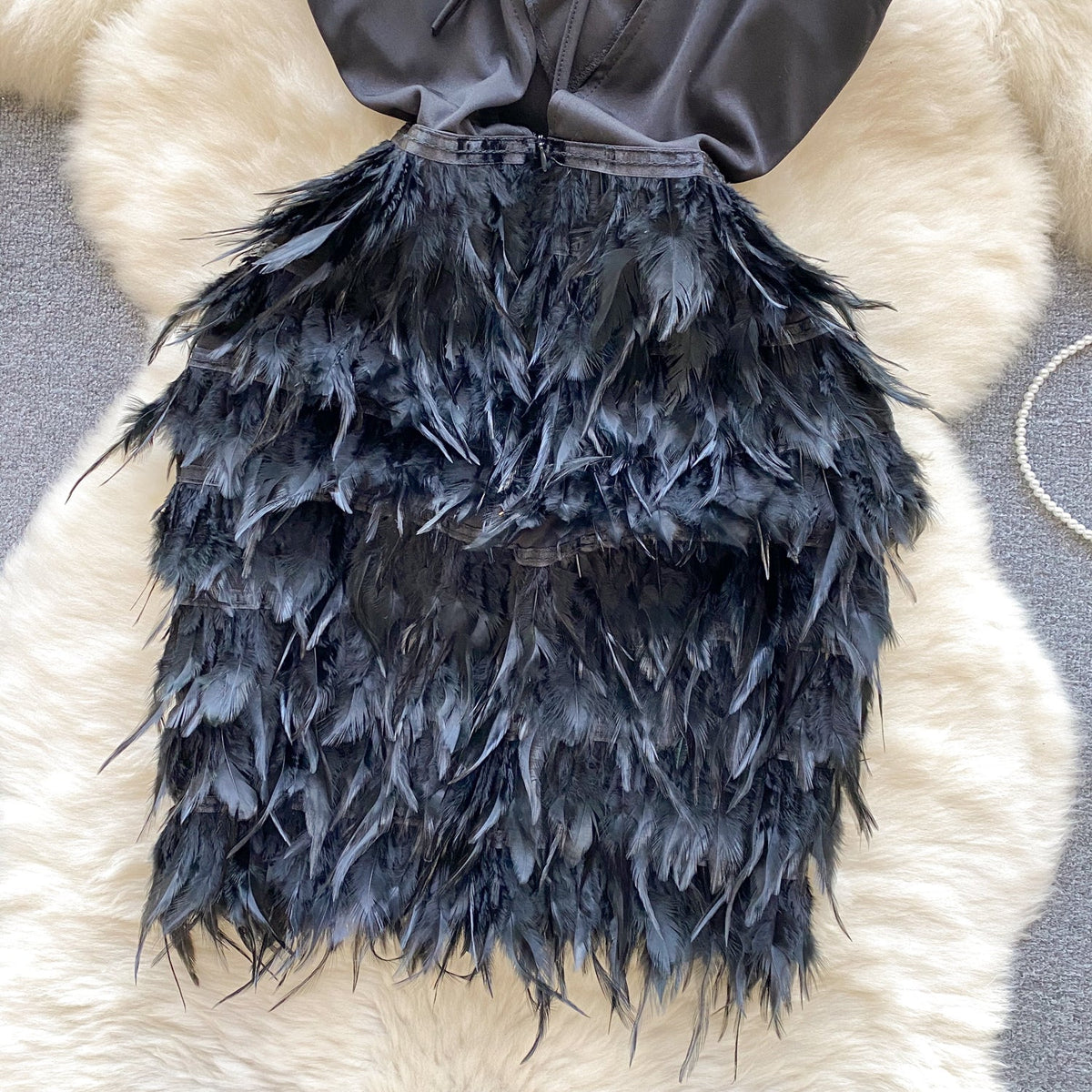 Premium Sleeveless Feather Hem Black Dress