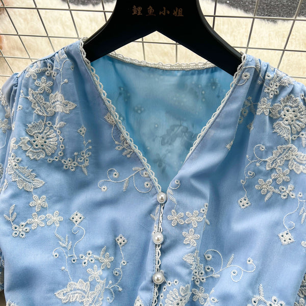 V-neck Floral Embroidered Blue Dress
