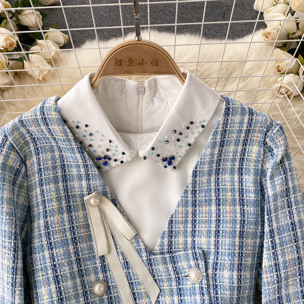Plaid Beaded Cardigan&Tweed Dress 2PCs