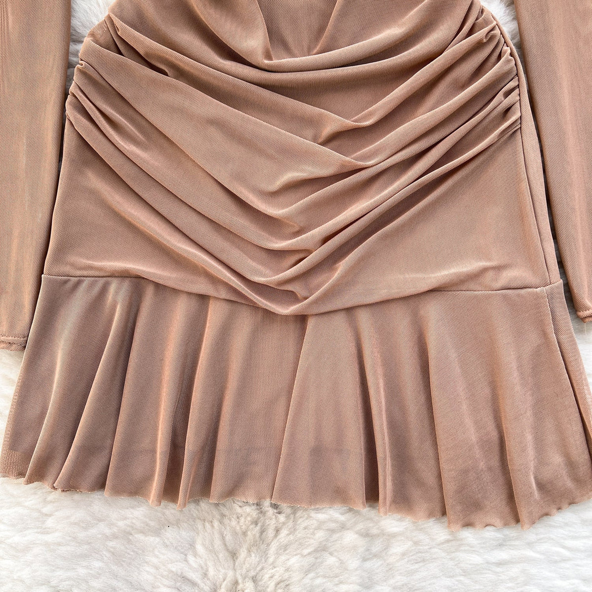 V-neck Pleated Mesh Short Dress