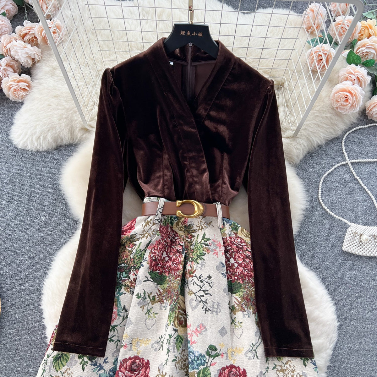 Courtly Gold Velvet Jacquard Floral Dress