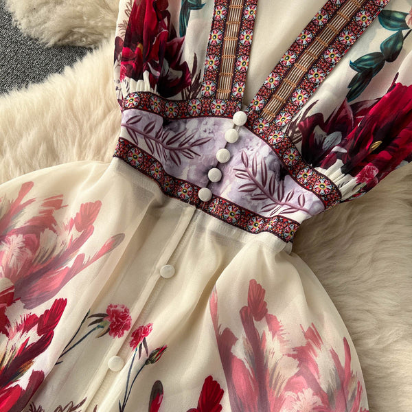 Ethnic Style V-neck Floral Layered Dress