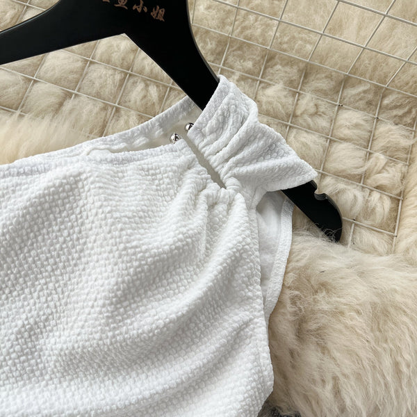 Asymmetric Slant Neckline Slit White Dress