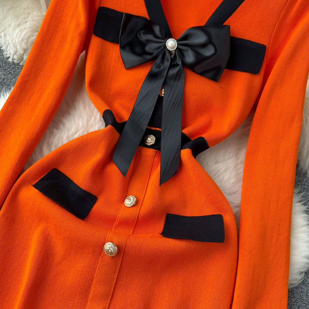Color Blocking Bow-tie Knitted Dress