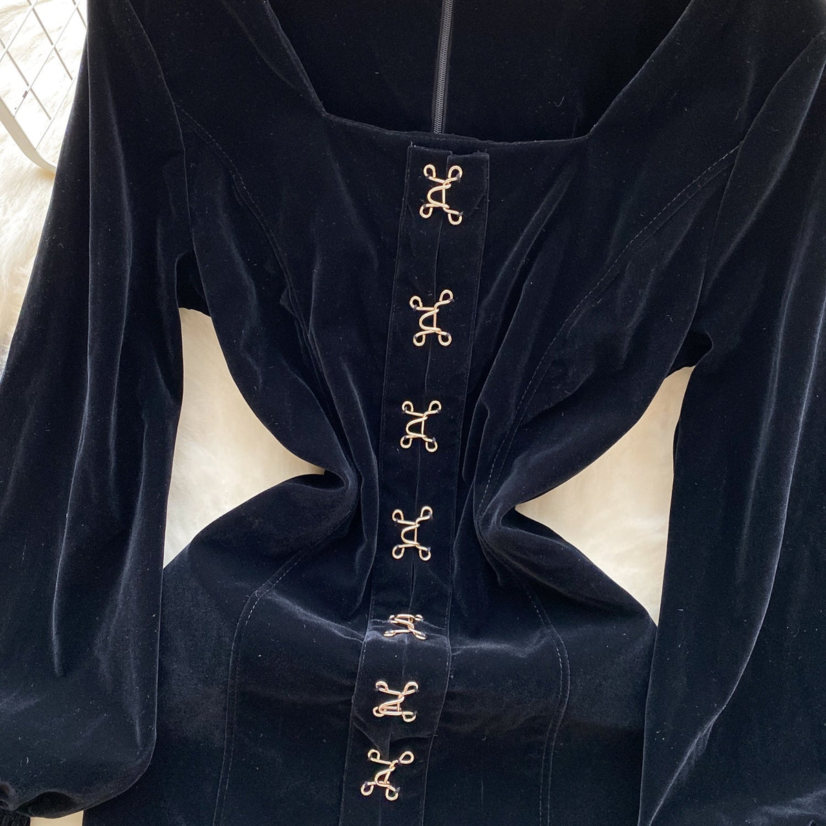 Vintage Square Collar Suede Black Dress