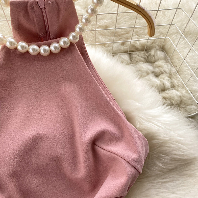 Sleeveless Pink Dress with Pearl Neckline
