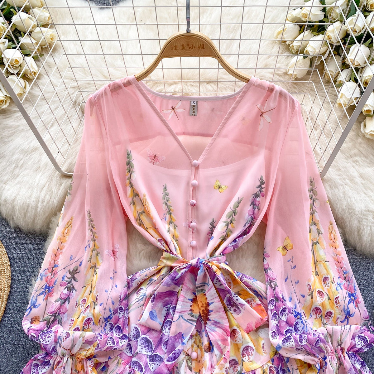 Puffy Sleeve V-neck Floral Chiffon Dress