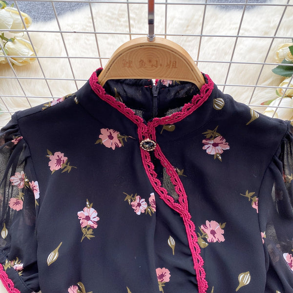 Sweetie Lace Trim Floral Cheongsam
