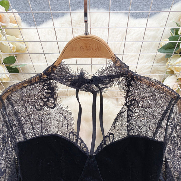 Retro Black Lace Patchwork Dress