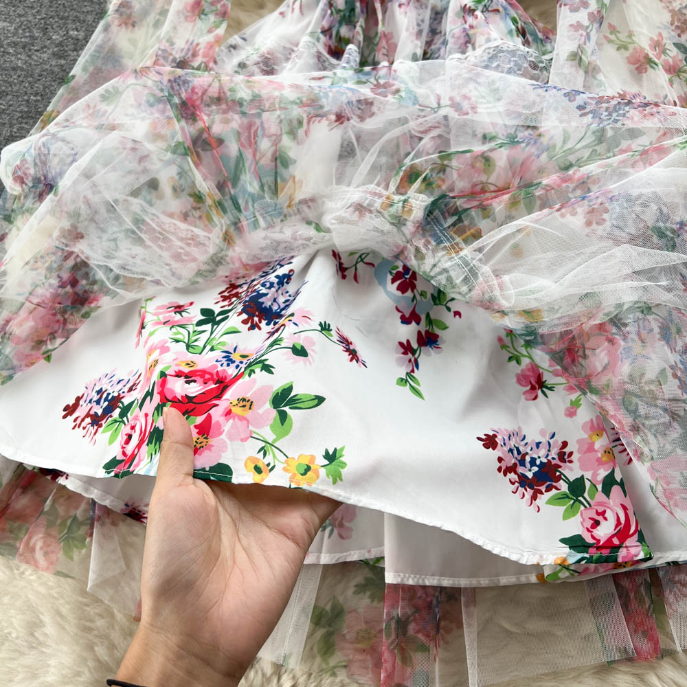 Sweet Floral Printed Lace Dress