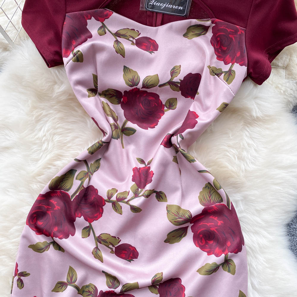 Niche Color Blocking Printed Floral Dress