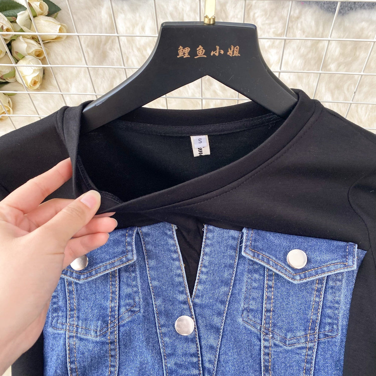 Round Collar Denim Patchwork Midi Dress