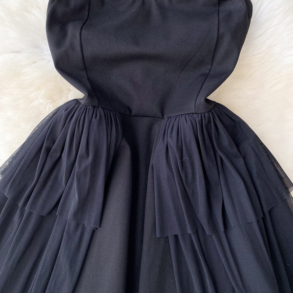 Vintage Off-shoulder Puffy Mesh Black Dress