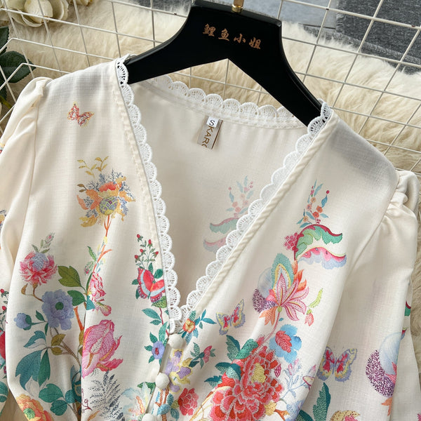 Sweetie V-neck Single-breasted Floral Dress