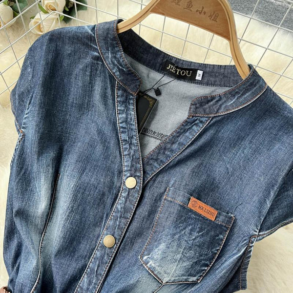 V-neck Denim Patchwork Chiffon Dress