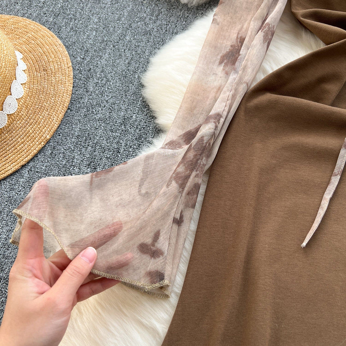 Mesh Patchwork Fishtail Brown Dress