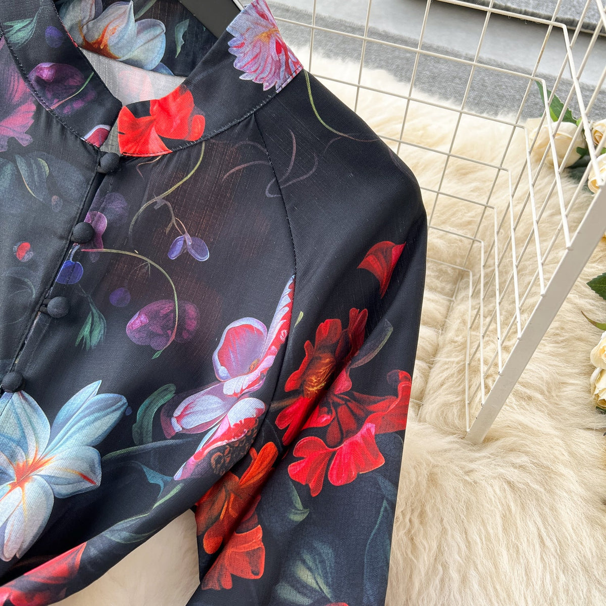 Floral Printed Single-breasted Shirt Dress