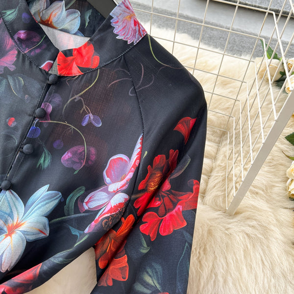 Floral Printed Single-breasted Shirt Dress