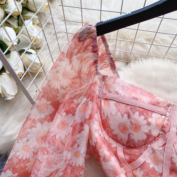 Daisy Printed Puffy Sleeve Floral Dress