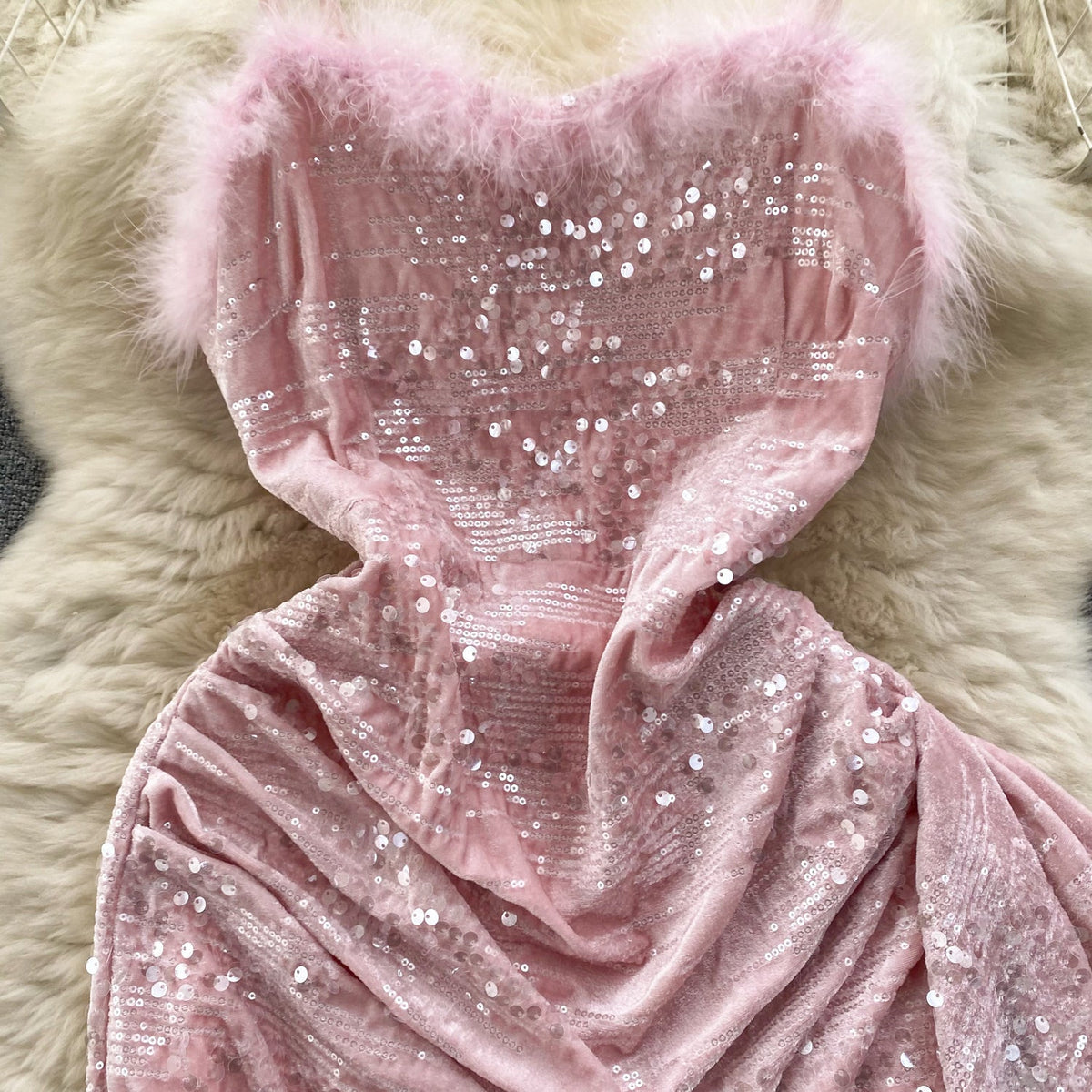 Furry Neckline Sequined Slip Dress