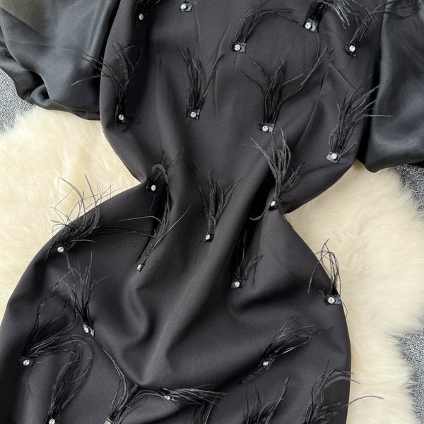 Beaded Feather-decorated Black Dress