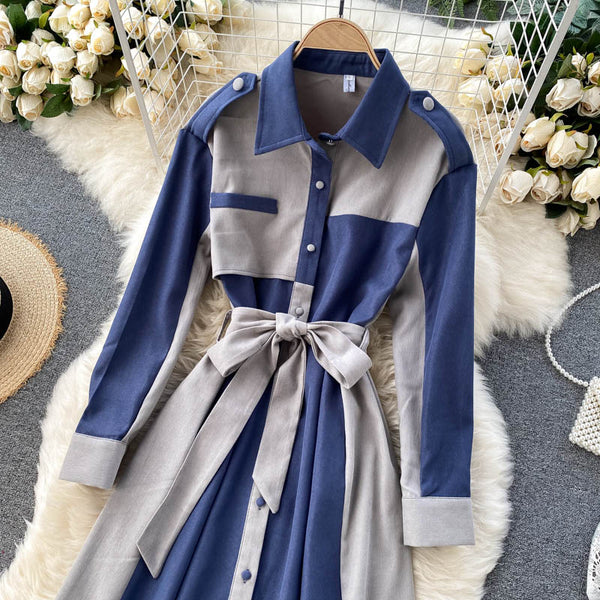 Lapel Patchwork Lace-up Coat Dress