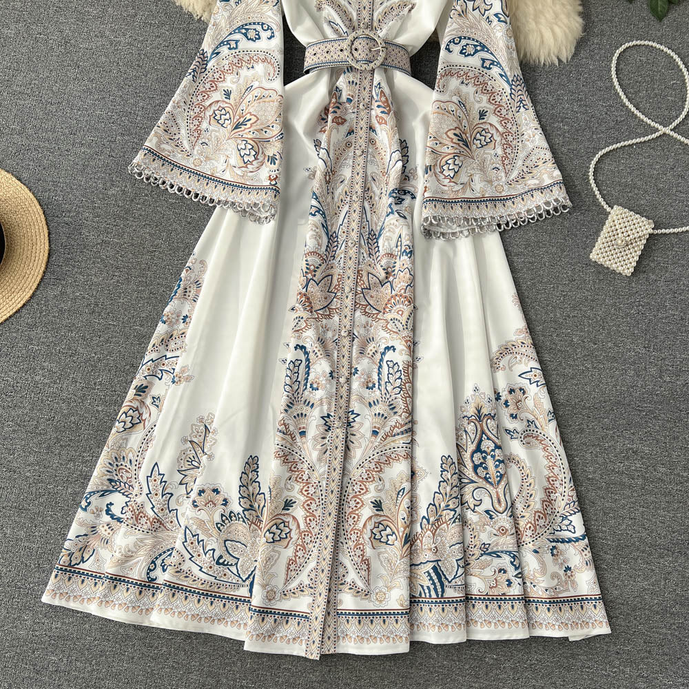 Vintage Printed Round-neck Pleated Dress