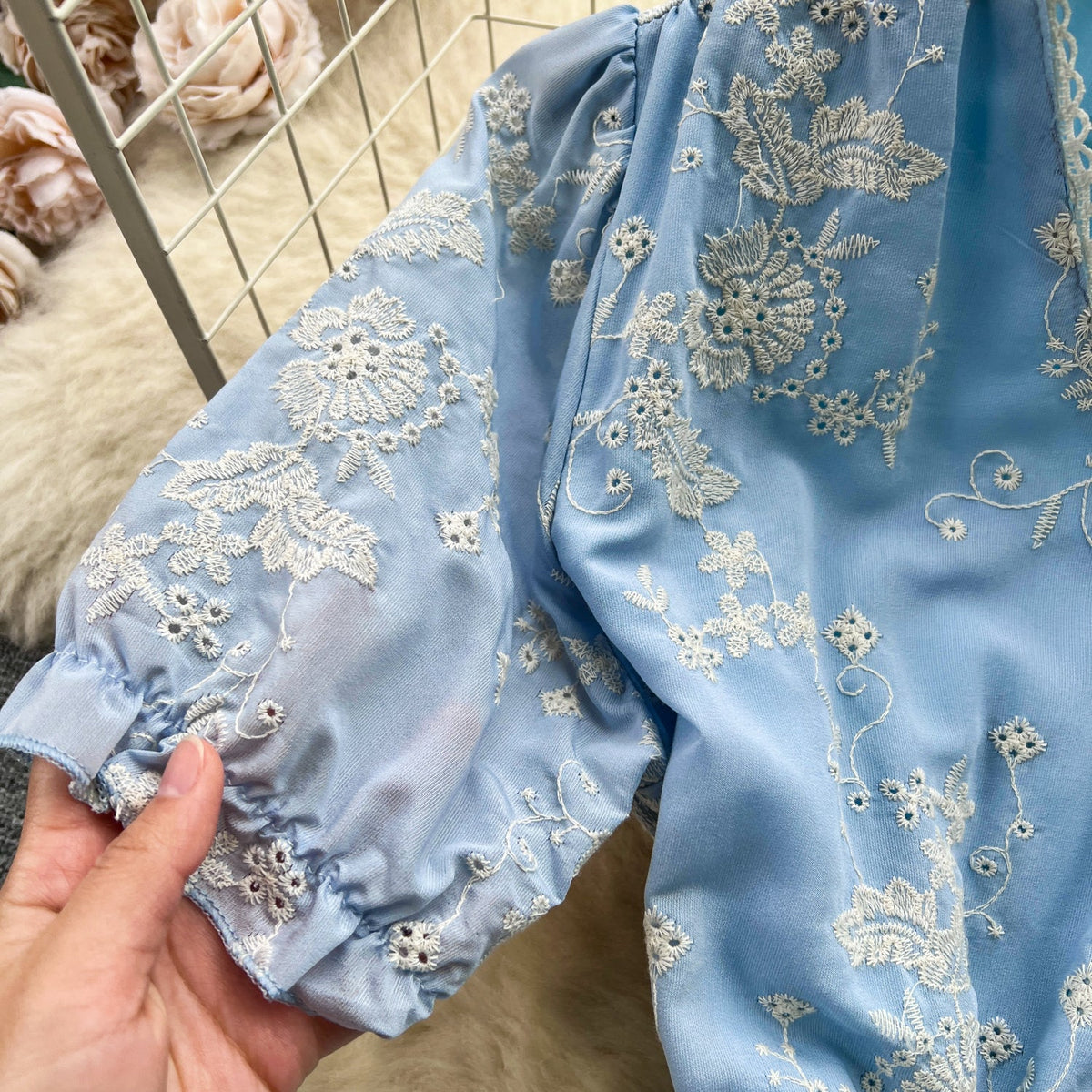 V-neck Floral Embroidered Blue Dress