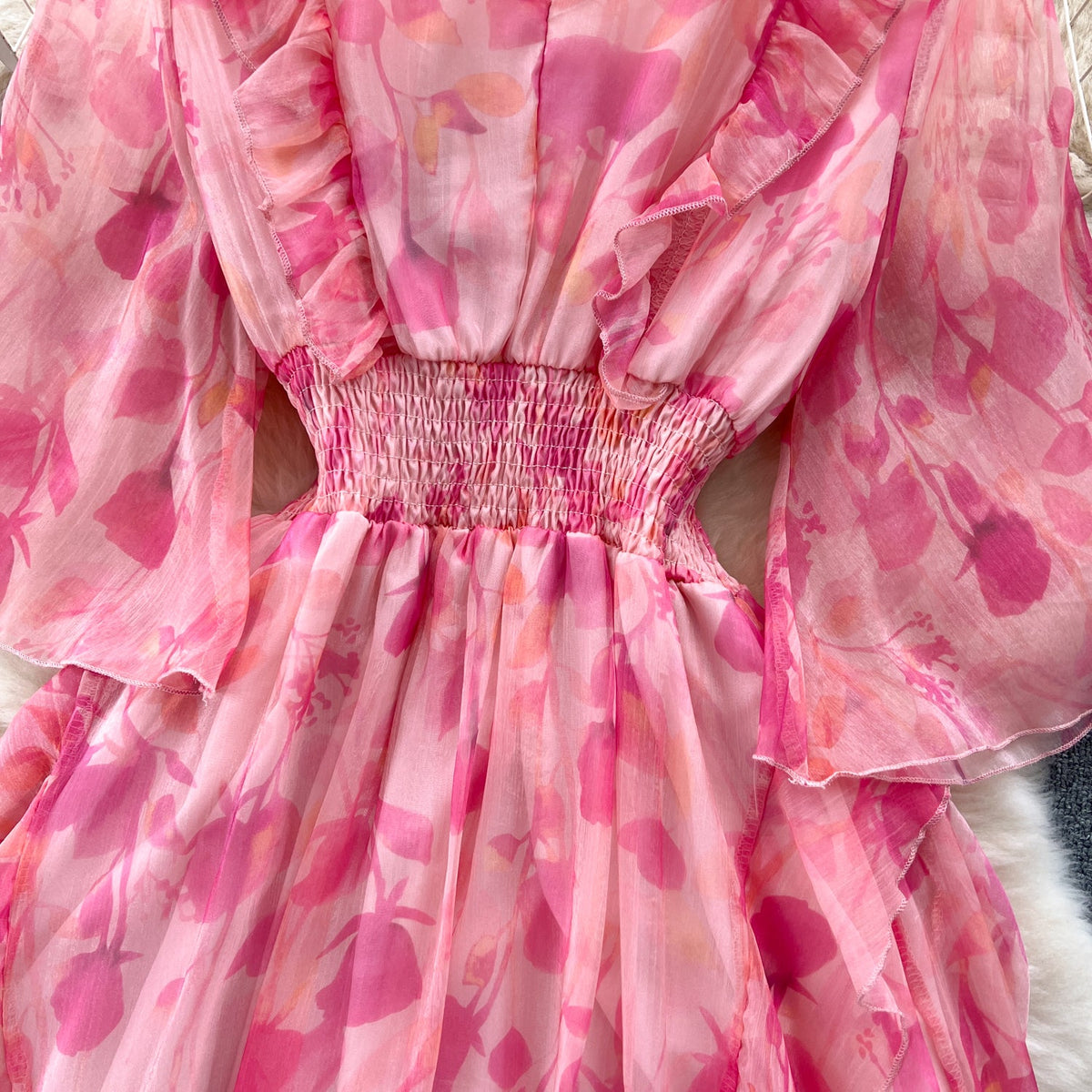 Sweet Ruffled Floral Chiffon Dress