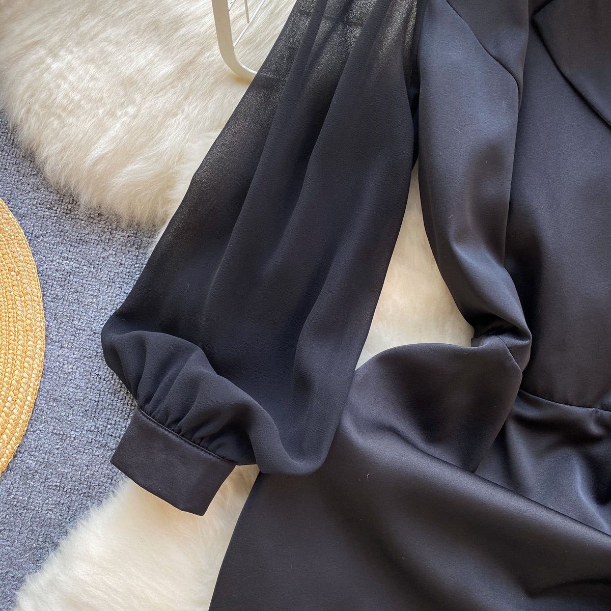 Suit Collar Ruffled Black Dress
