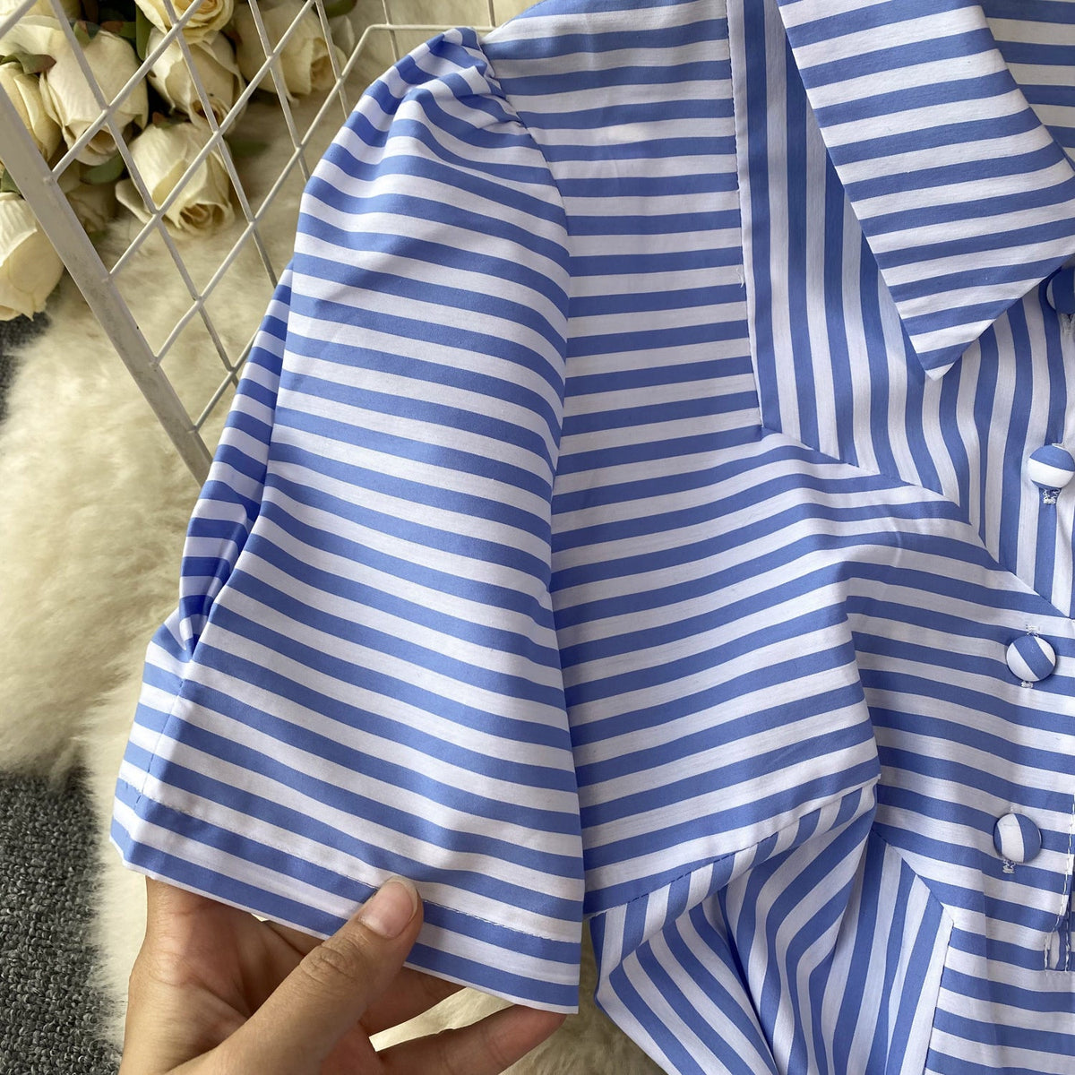 Lapeled Puffy Sleeve Striped Dress