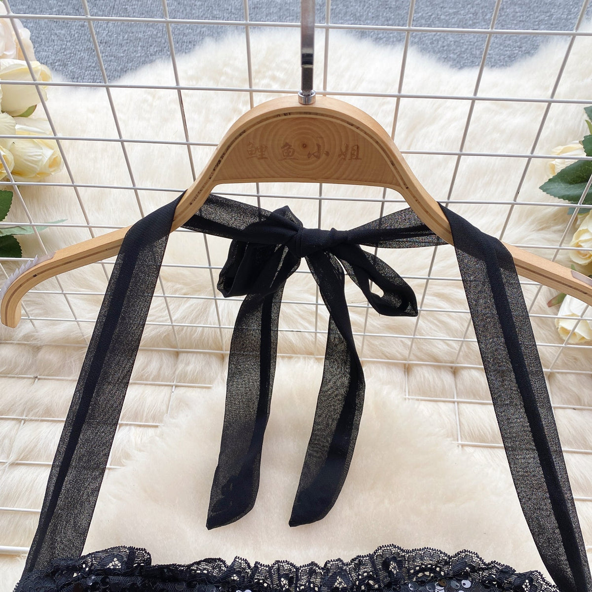 Sequined Mesh Halter Black Dress