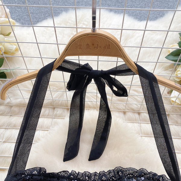 Sequined Mesh Halter Black Dress