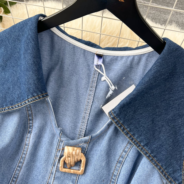 Navy Collar Sleeveless Hollowed Denim Dress