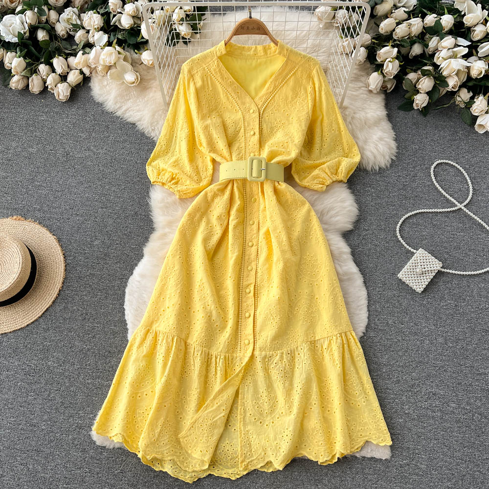 Frock With Hollow V-neck And Bubble Sleeves