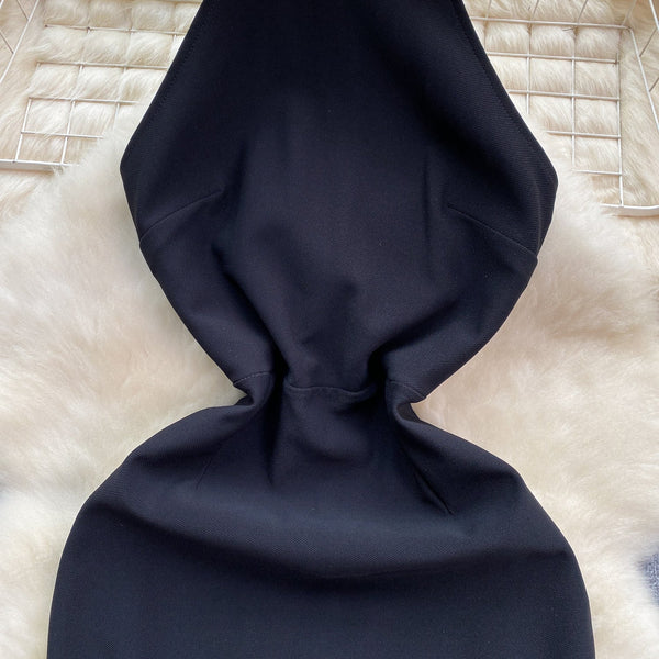 High-end Beaded Halter Black Dress