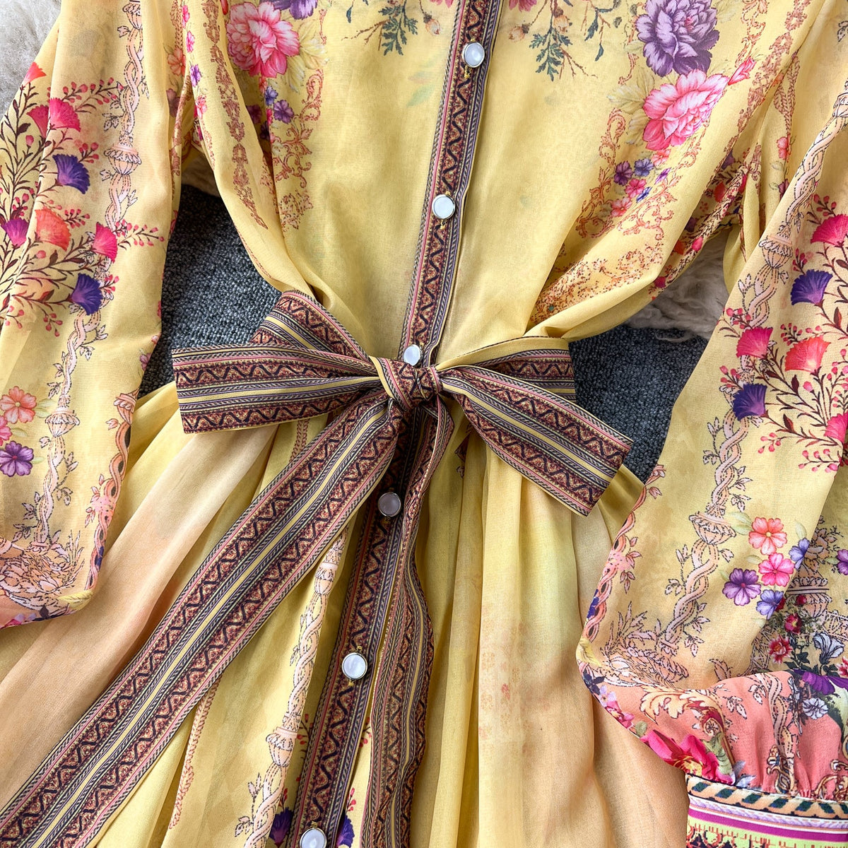 Vintage Lace-up Printed Shirt Dress