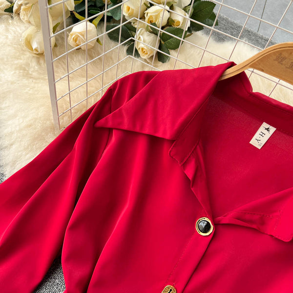 Solid Color Lace-up Shirt Dress with Waistbelt