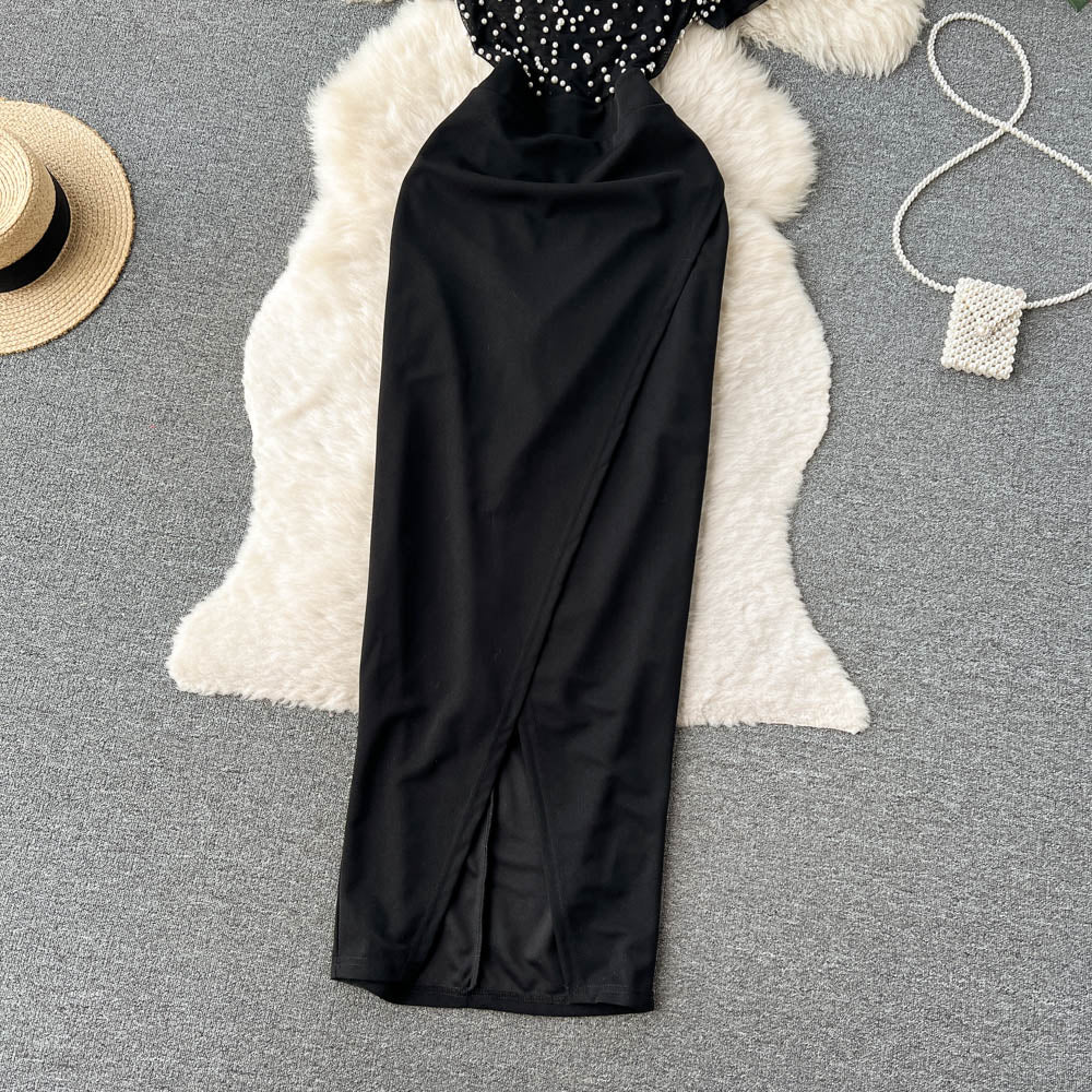 Beaded Patchwork Split Black Dress
