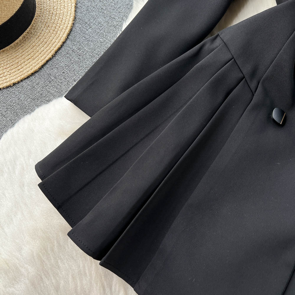 Lapeled Pleated Black Suit Dress