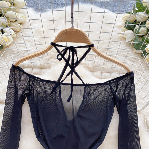 Drawstring Black Mesh Halter Dress