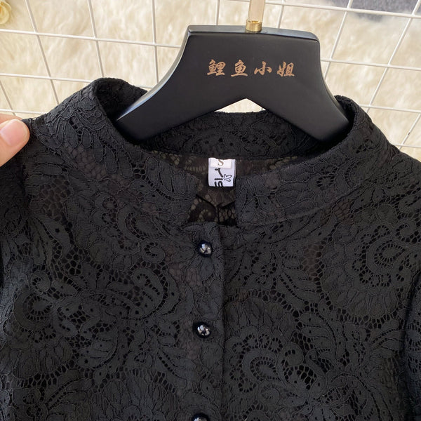 Stand Collar Black Lace Shirt Dress
