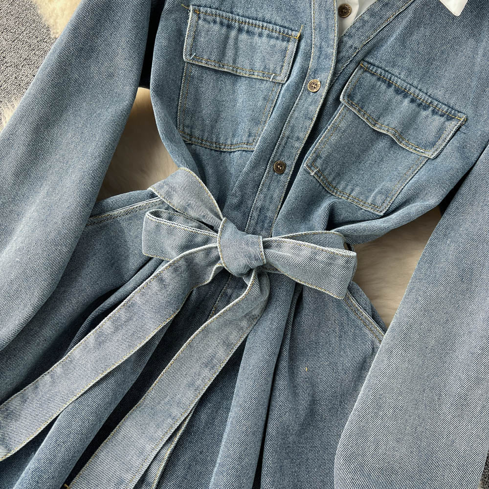 Patchwork Lapeled Denim Shirt Dress