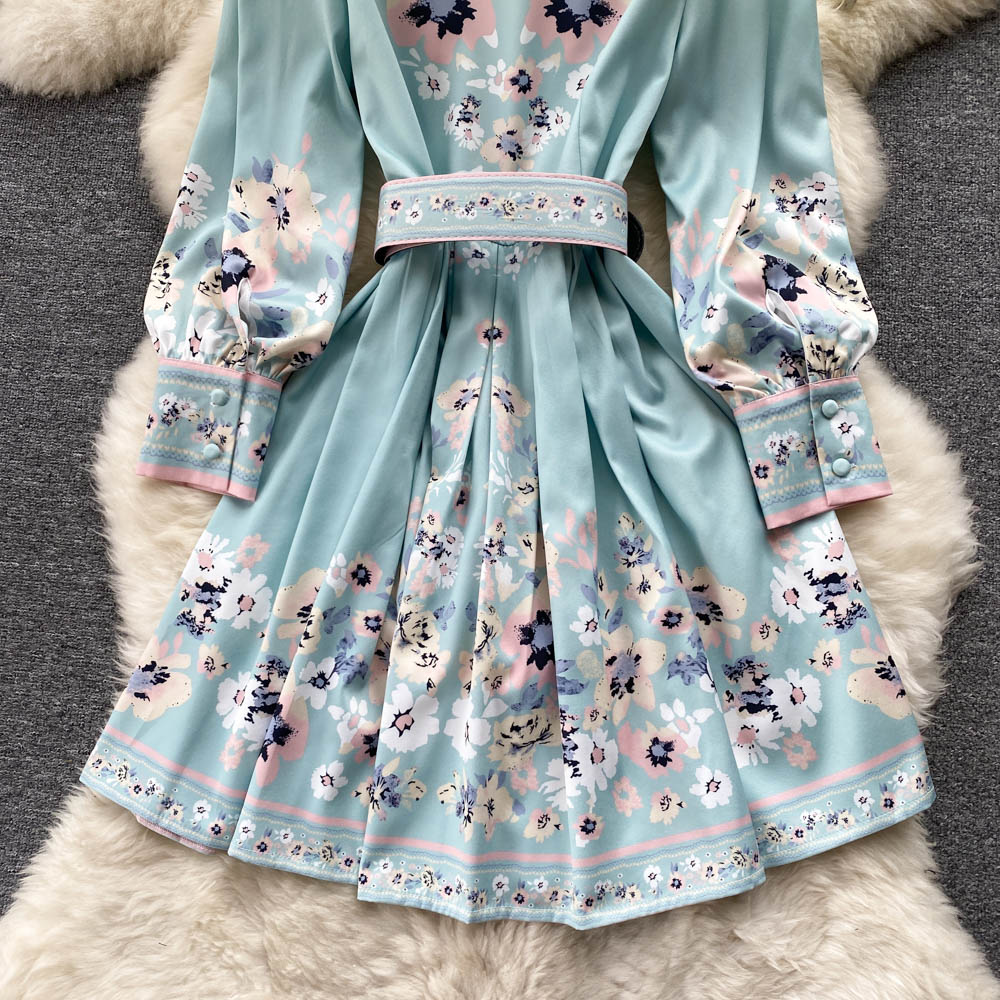 Flower Printed Long Sleeve Lace-up Dress