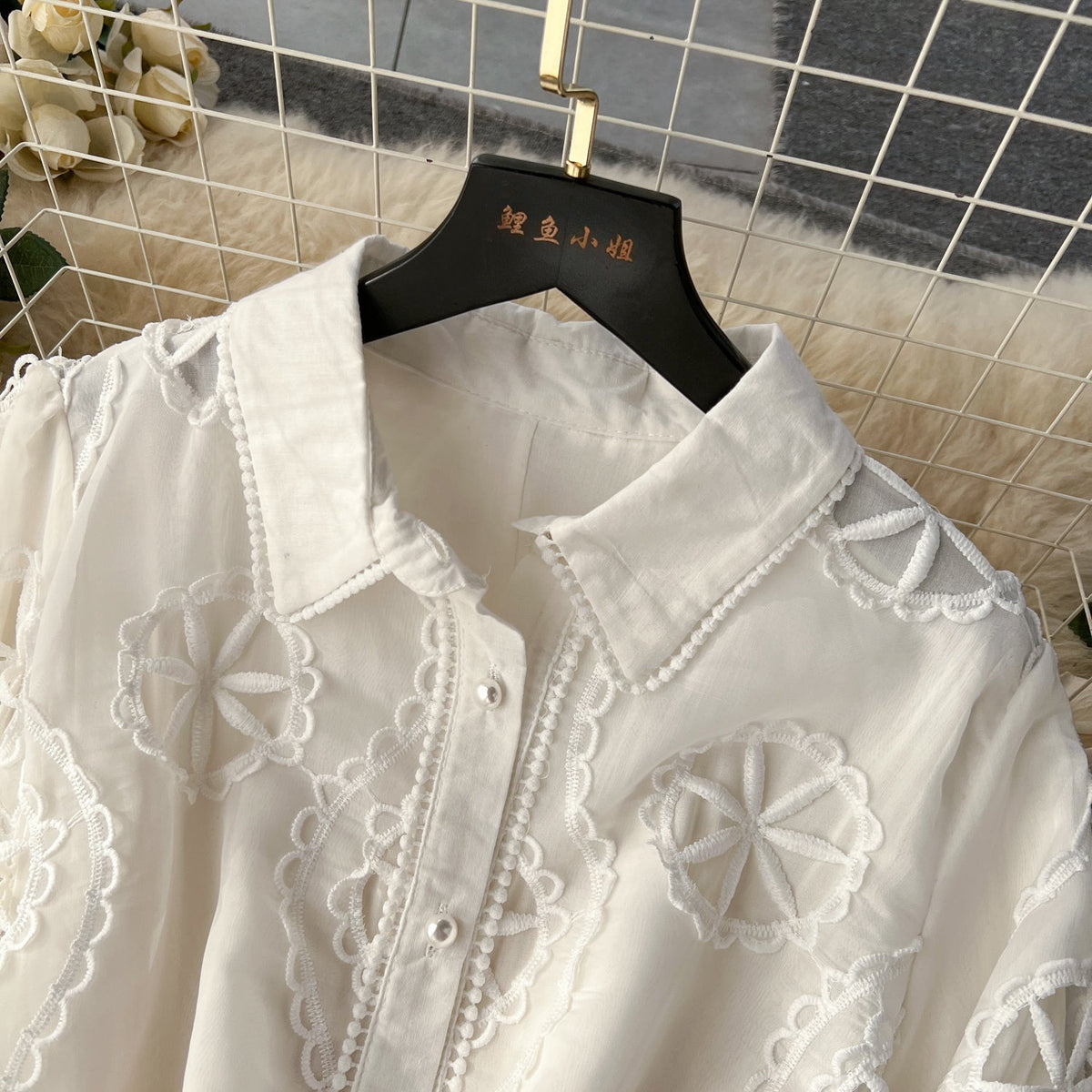 Courtly Hollowed Embroidery Shirt Dress